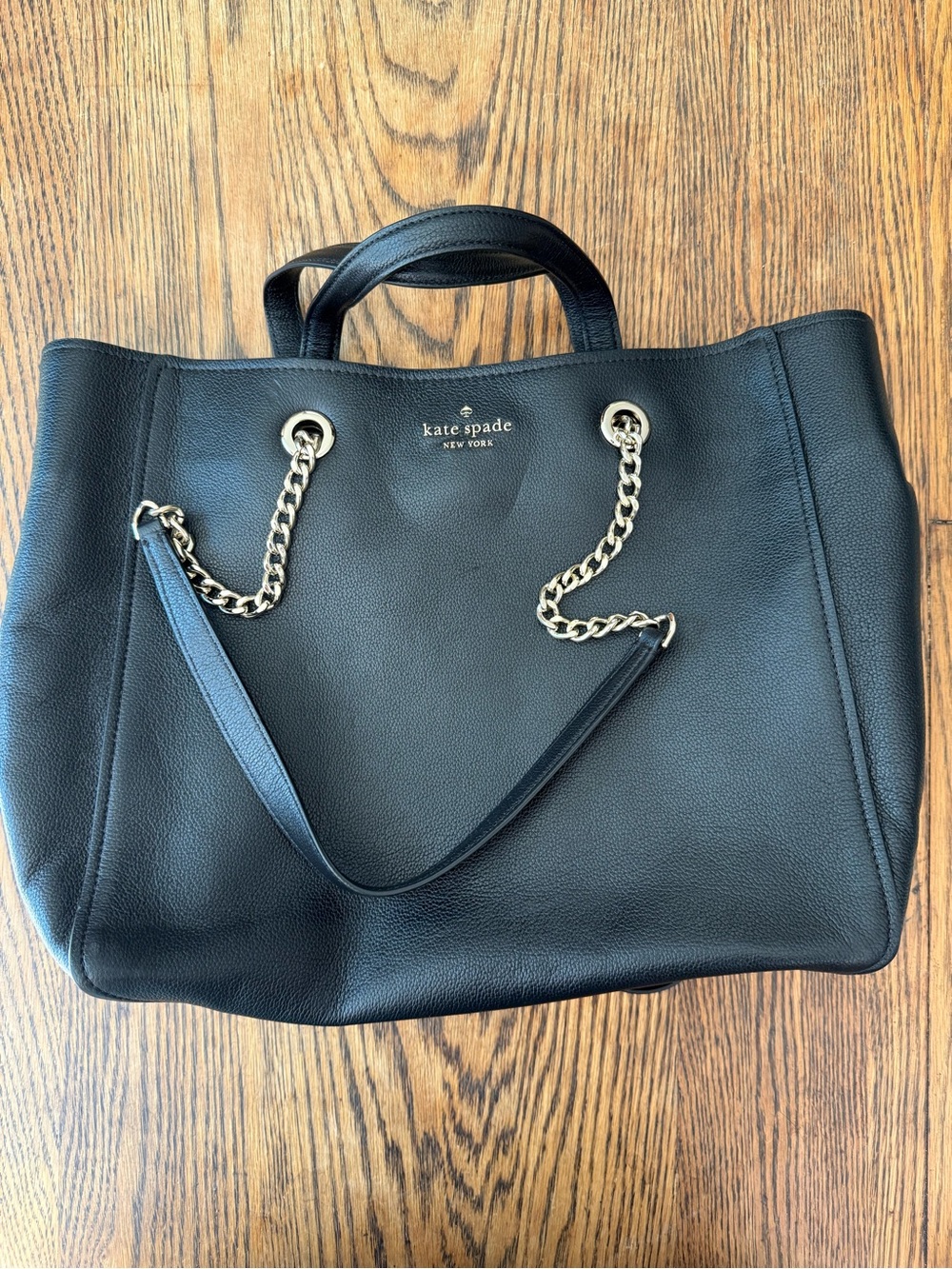 kate spade Black Pebbled Leather Tote with Gold Chain Straps